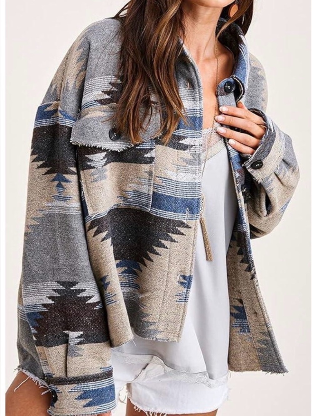 La Miel Eldora Aztec Distressed Raw Hem Oversized Shacket Jacket Small - Picture 2 of 7